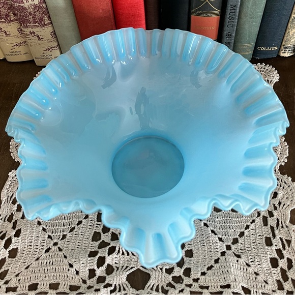 Vintage Fenton Blue Opalescent Ruffled Bowl – 8.50” Wide - Picture 1 of 10